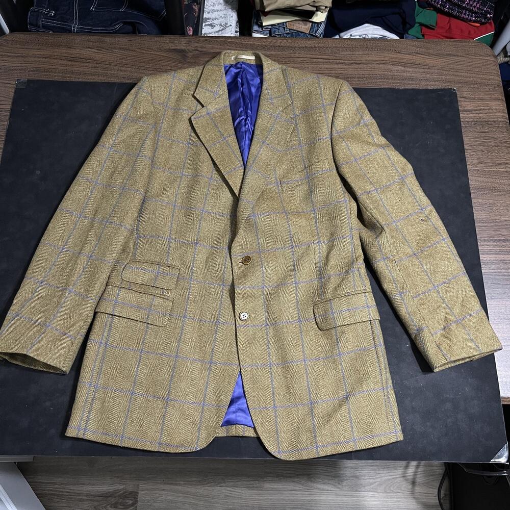 Turnbull & Asser Blazer Suit Jacket Turquoise Windowpane Tweed 1970s Sport Coat
